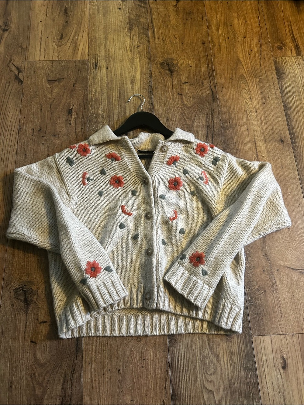 AT denim Wool Blend Embroidered Button-Front Cardigan Sweater with Collar
